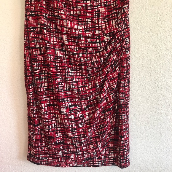George Red Black and White Abstract Plaid Drape Neck Ruched Dress - Picture 3 of 7